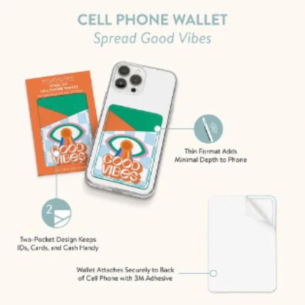 Studio Oh Stick On Cell Phone Wallet Good Vibes Eye Rainbow Orange Green NWT
